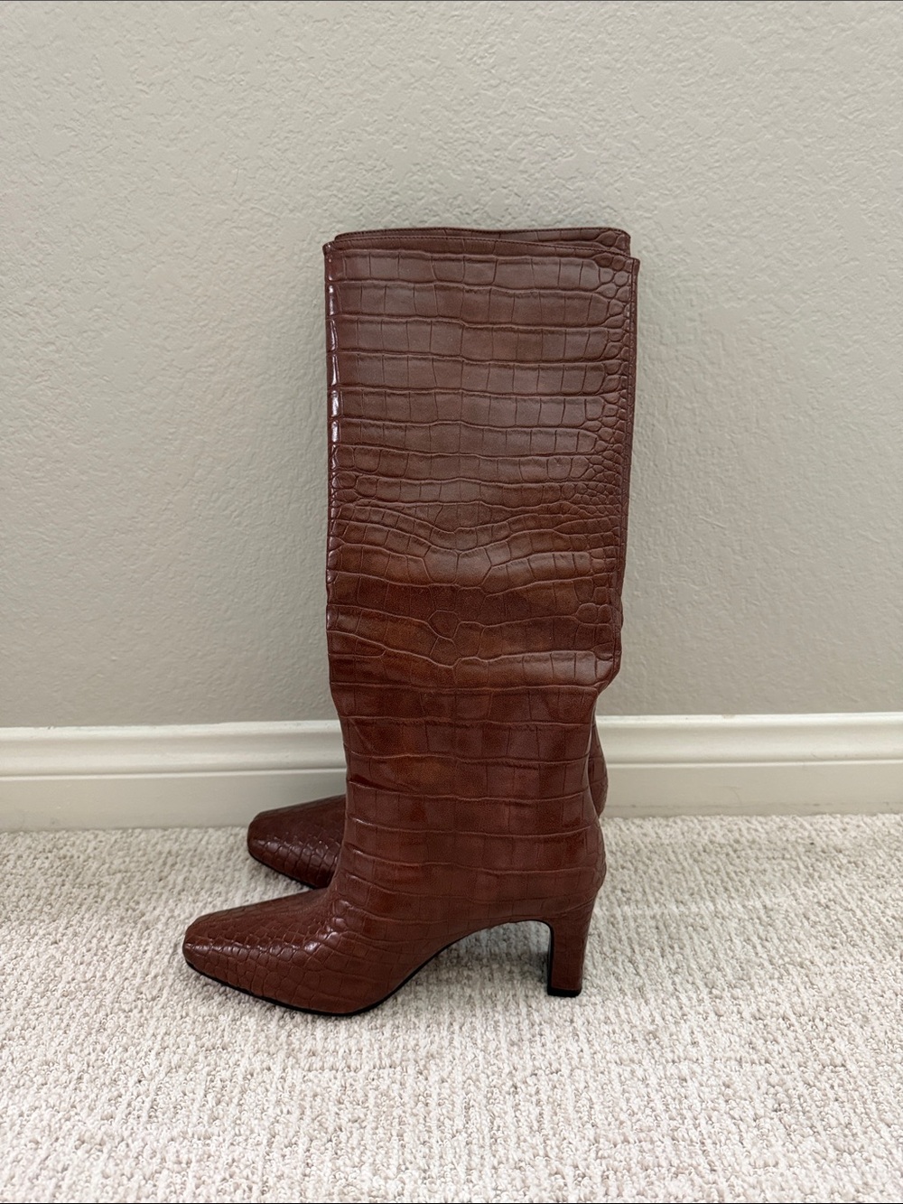 Brown Croc-Embossed Knee-High Women's Boots